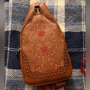 Embroidered Brown Sling Bag